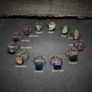 Vintage Zodiac Birthstone Ring – Adjustable Raw Natural Crystal Stone Copper Ring, Handmade Birth Month Energy Ring,Unique Birthday Gift