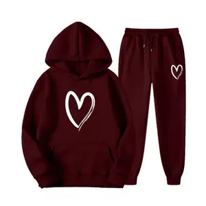 Women’s two-piece set featuring a heart-print hooded sweatshirt: an oversized sports/leisure hoodie + pants, Y2K pullover and sweatpants — GARMENTARY