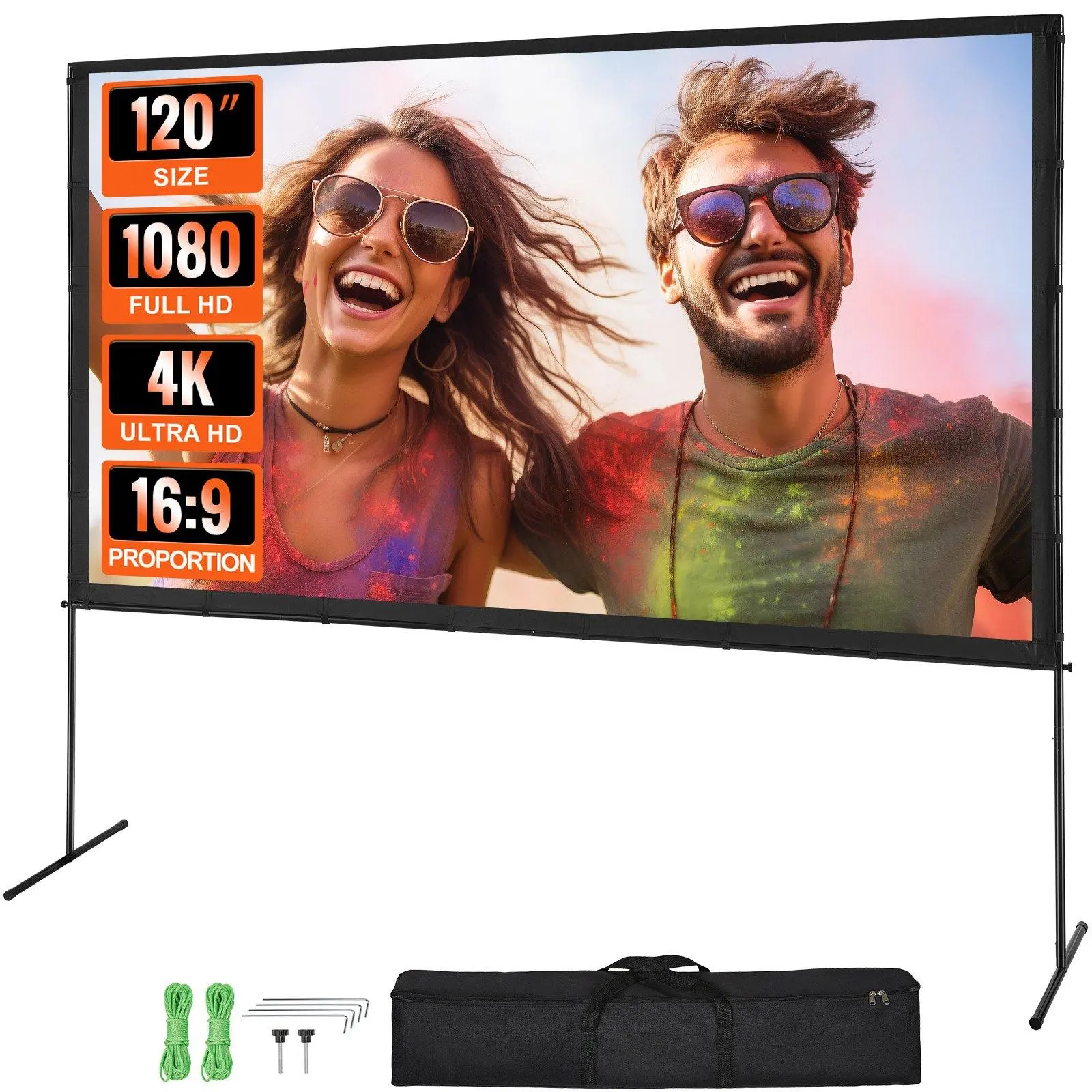 VEVOR Projector Screen with Stand,  , 120 inch 16:9 4K 1080 HD Outdoor Movie Screen with Stand, Wrinkle-Free Projection Screen with Bar Feet and Carry Bag, for Home Theater Cinema Backyard Movie Night#BackToSchool