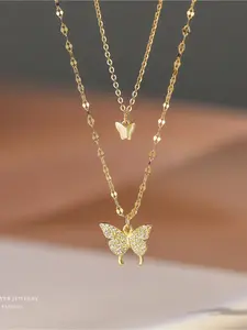 New children's diamond butterfly double-layer necklace, specially designed for girls, with a simple style and a niche Ins-style clavicle chain, Elegant Necklace