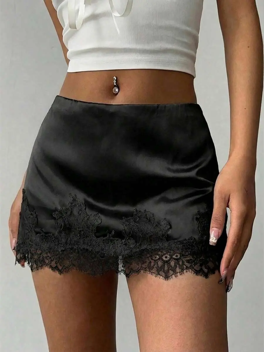 Chic Women's Low-Waist Lace Hem Satin Mini Skirt, Elegant A-Line Silky Slip Skirt Bottoms - Casual Streetwear Fall Outfits, Back to School Style Fashion