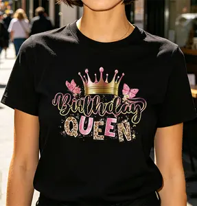 Women Glam Birthday Queen Graphic Short Sleeve T-Shirt, Gold Crown Pink Butterfly Leopard Print Casual Birthday Party Cotton Black Tee For Ladies