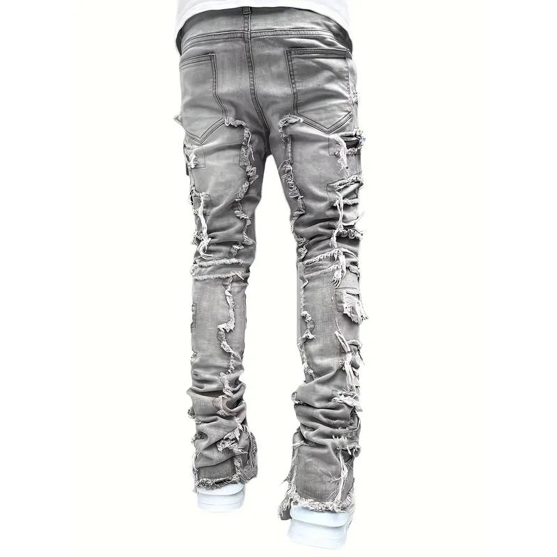 Men's denim pants with patchwork creative straight tube stretch street style denim pants, with pockets,Men's Casual Ripped Skinny Jeans with Frayed Detailing - Stretch Denim Cotton Blend, Slim Fit All-Season Trousers with Solid Color Washed Design