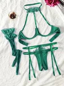 Women's sexy hollow sheer lingerie set, crotchless easy take-off underwire thong, ideal for private parties pyjamas plus size sets