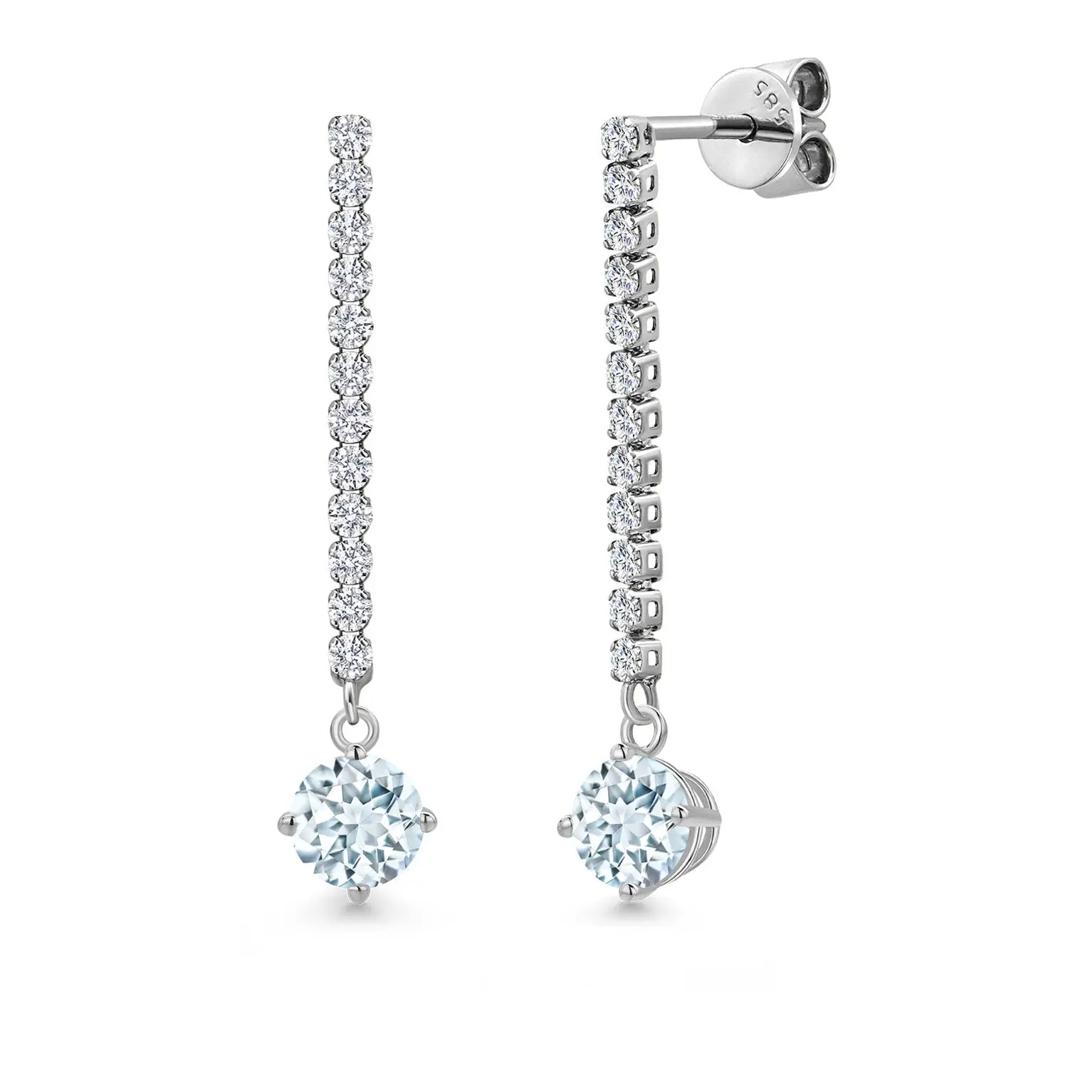 14K White Gold Sky Blue Aquamarine and White Lab Grown Diamond Long Liner Dangle Earrings for Women | 1.36 Cttw | Gemstone March Birthstone | Round 5MM | White Gold Chain Drop Earrings