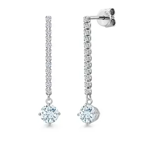14K White Gold Sky Blue Aquamarine and White Lab Grown Diamond Long Liner Dangle Earrings for Women | 1.36 Cttw | Gemstone March Birthstone | Round 5MM | White Gold Chain Drop Earrings