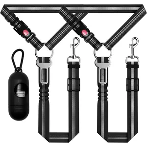 Dog Car Seat Belt Set - 3 Piece Retractable Harness, Adjustable Reflective Seatbelt for Vehicle Headrests, Safety Restraint, Heavy Duty & High Elastics, Black