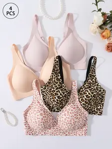 4Pcs Women's Leopard Print Jelly Smooth Bra, Slim-Fitting Medium Support Buckle Bras, All-Season Plain Design, Sexy Fashionable Underwear, Bra Clothes, Jelly Bralette