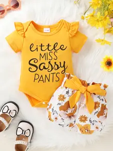 3 Piece Baby Cute Ruffled Monogram Top And Floral Print Sport Shorts And Headband Set Soft And Comfortable For Casual Holiday Party Summer