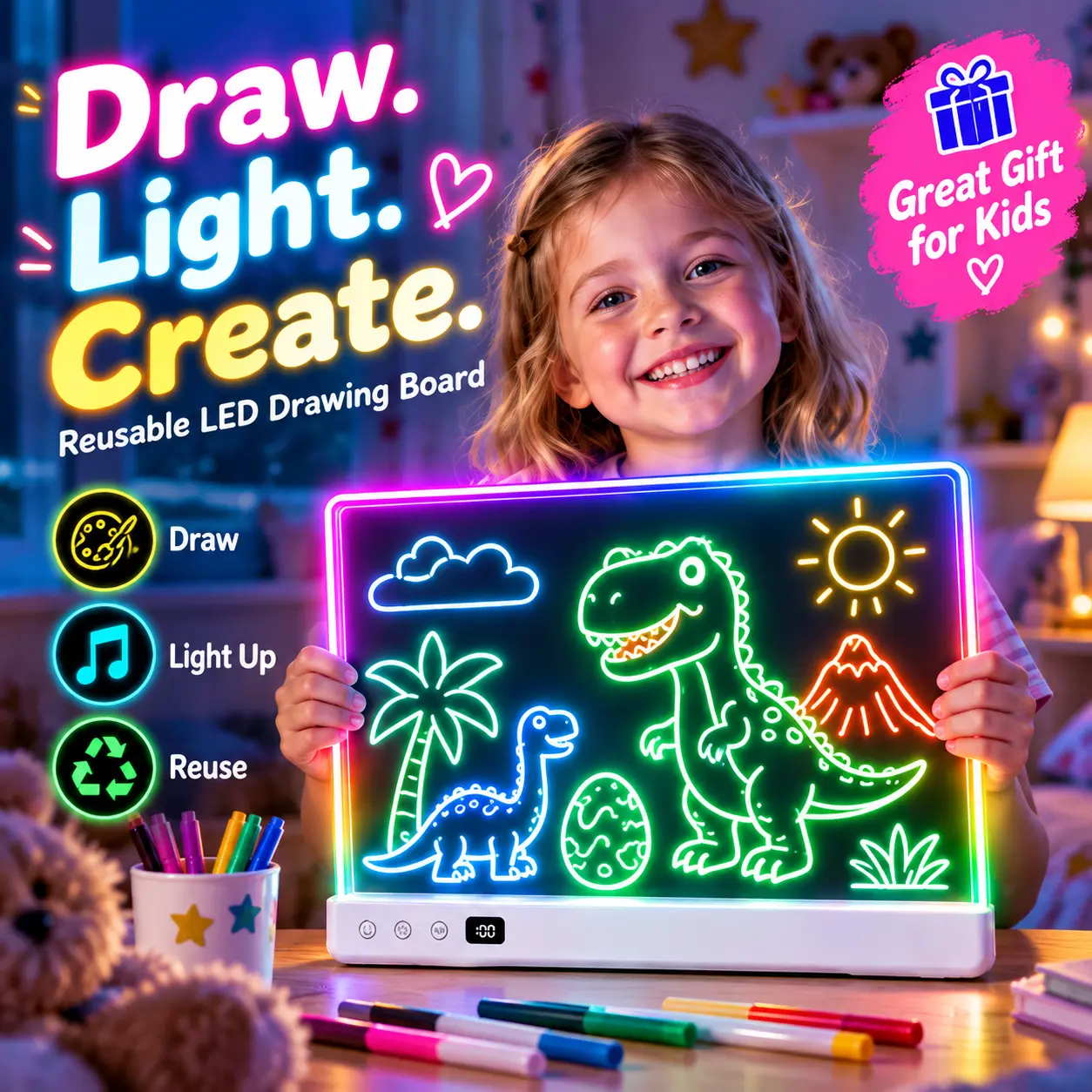YAUUEA LED Drawing Board for Kids with Colorful Light Effects & Music, Reusable Erasable Light-Up Doodle Board with 7 Markers, Drawing Templates, Adjustable Stand, USB-C Rechargeable Creative Gift for Boys & Girls
