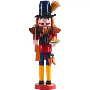 15-Inch Thanksgiving Nutcracker Figurine Wooden Hunter with Turkey Pumpkin Pie Rifle Handcrafted Festive Harvest Christmas Decoration for Home Tabletop or Fireplace