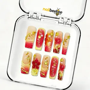 Tropical Ocean Gold Shell Mid Square Press-On Nails (1.3 Inch),10pcs Handmade Tropical Ocean Gold Shell Mid Square Press-On Nails | 1.3 Inch Red Gold Seahorse Pearl Nails | Reusable Summer Beach Fake Nails | Vacation Gift for Her