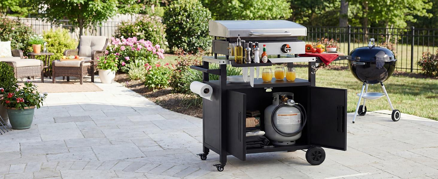 K&K Outdoor Grill Cart with Storage Cabinet, Foldable Table, Pizza Oven Table, Stainless Steel Top, Hooks, Spice Rack, Waterproof Cover, 4 Secure Locking Wheels, Heavy Duty Structure, 45 Gallons Closed Storage, 20 Gallons Open Storage K&K Outdoor Grill Cart with Storage Cabinet, Foldable Table, Pizza Oven Table, Stainless Steel Top, Hooks, Spice Rack, Waterproof Cover, 4 Secure Locking Wheels, Heavy Duty Structure, 45 Gallons Closed Storage, 20 Gallons Open Storage