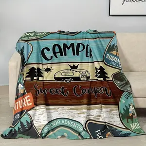 1pc Classic Fashion Blanket, Retro Camping Theme Flannel Blanket, Soft Warm Throw Blanket Nap Blanket For Couch Sofa Office Bed Camping Travel, Multi-purpose Gift Blanket For All Season