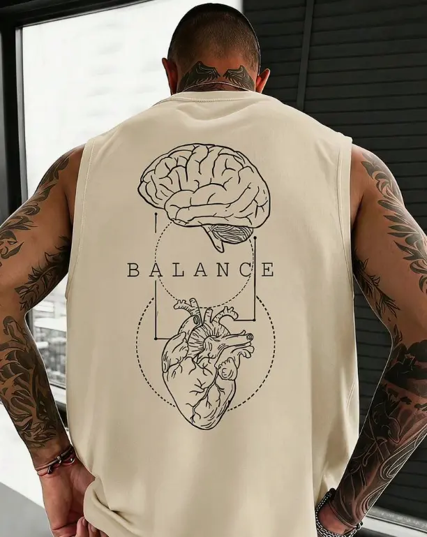 Unisex 100% Cotton Cream Sleeveless Muscle Tank Top - Thin, Plain, Elastic, Breathable, Soft Loose Fit Vest with Back Print Balance Brain & Heart Line Art Graphic for Casual Streetwear