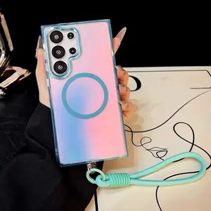 Gradient Hand Wrist Strap Protective Case For Samsung A17 S25 FE S23 S24 FE Plus S24 Ultra S25 Edge A15 A54 A55 A16 A26 A36 A56 A06 5G Wireless Charging Cover