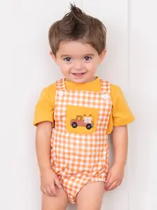 Sunshine Pumpkin Embroidered Plaid Overall Bubble Set