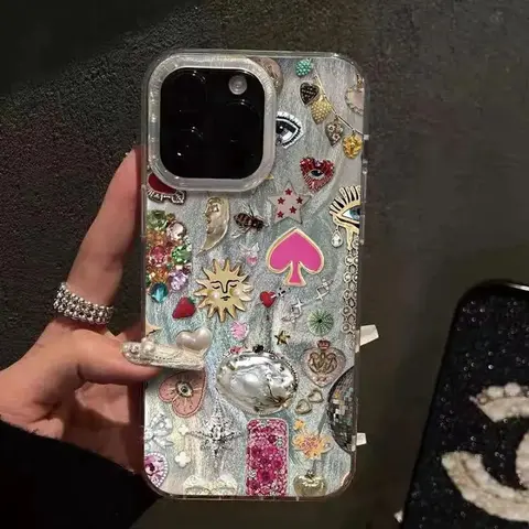 Rhinestone & Pearl Motifs TPU+PET Composite Phone Case for iPhone 17/16/15/14 Pro/13/12/11 Pro Max/Plus/Air, Fade-Resistant Metallic Ink, Scratch-Resistant Smartphone Accessory, Accessories