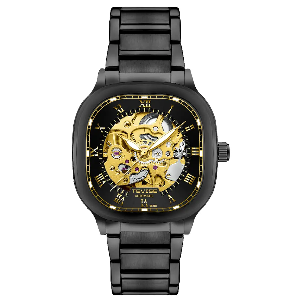 TEVISE Mens Fashion Mechanical Watch Large Square Dial Transparent Case Stainless Steel Band Visible Movement Alloy Case No Battery Perfect Gift for Fathers Day Birthday Valentine relojes para hombres