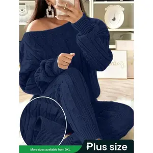 Two-Piece Set for Autumn and Winter, Long Sleeve Pullover Sweater with Knit Long Pants, Casual Minimalist for Everyday Wear（gift）