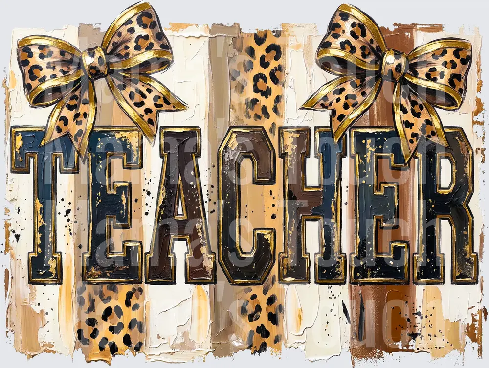 Leopard Print Bows Teacher Text Distressed Letters Design