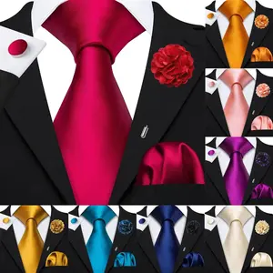 Barry.Wang Solid Silk Men's Tie Handkerchief Cufflinks Brooch Set Jacquard Plain Necktie Corsage For Male Wedding Party Business