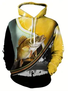 Men's 3D Fish Print Hoodie, Colorblock Long Sleeve Casual Streetwear, Fall Winter Fishing Enthusiast Clothing