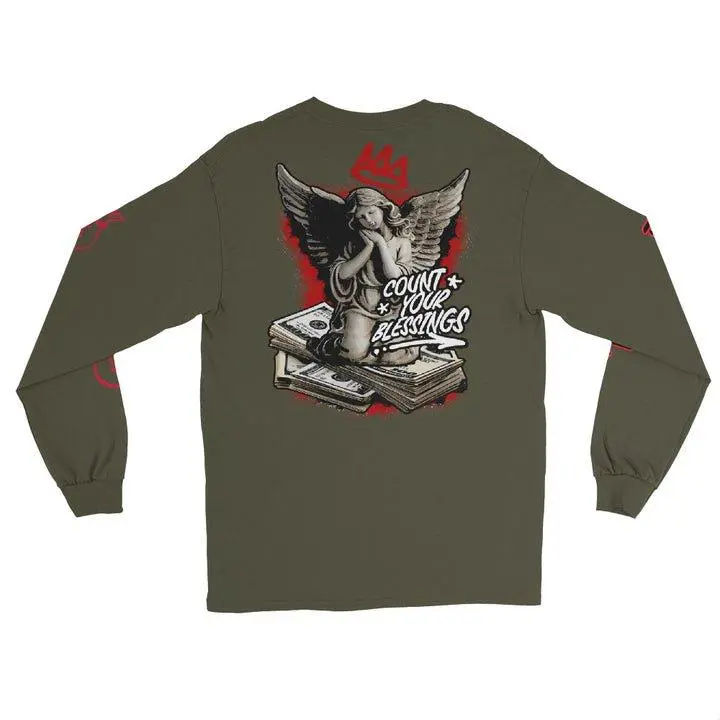 Count Your Blessings Gildan 2400 Men's Long Sleeve Shirt 100% Cotton Classic Fit Sport Grey Casual Top with Rib Cuffs Pre-Shrunk Jersey Knit