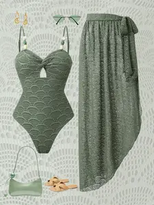 Women's Hollow Out Textured Fabric Beaded Design Elegant Modest Swimsuit Swimwear Set, Pool Beach Party Vacation One-Piece Swimsuit with Half Skirt Two Piece