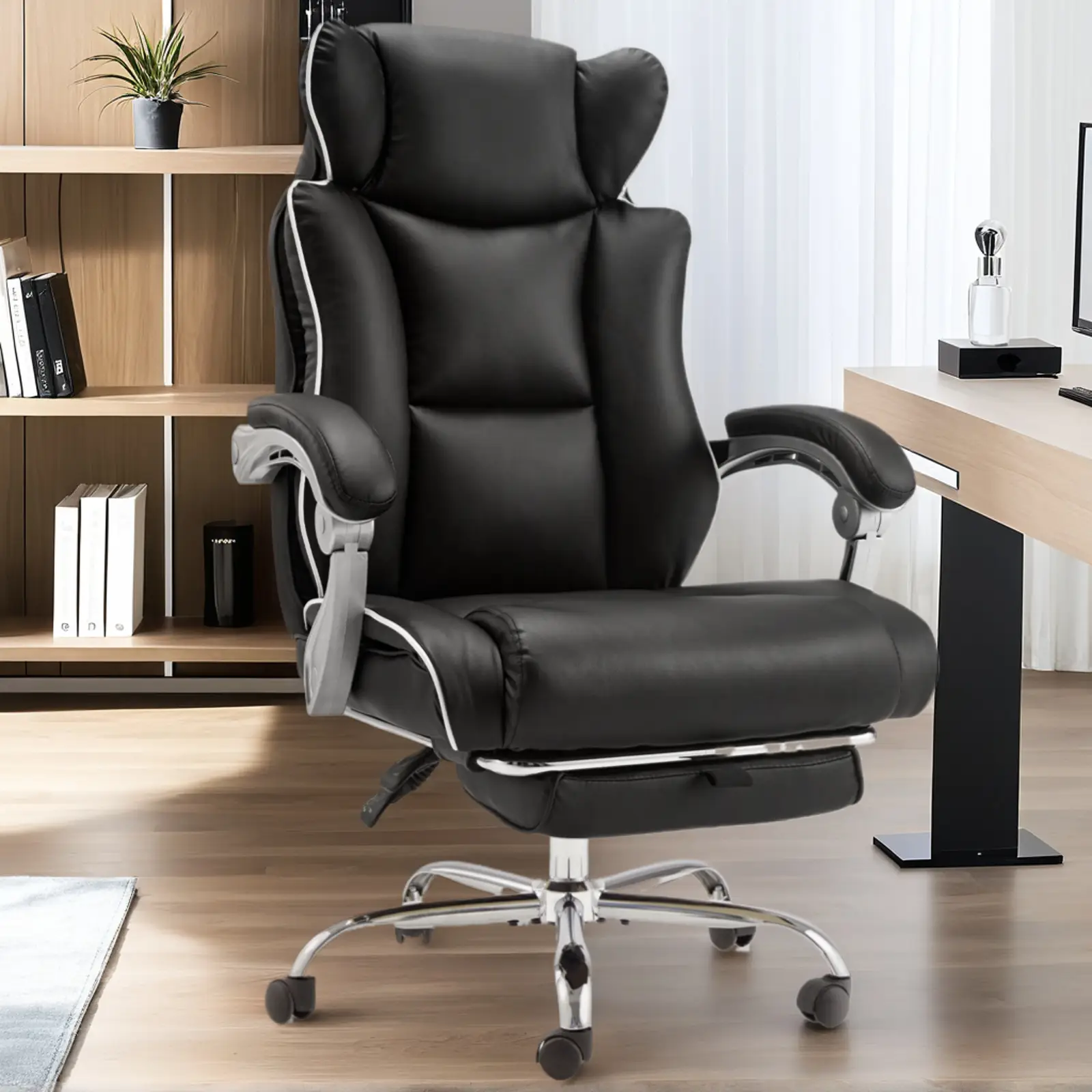 Office Chair with Footrest Ergonomic High Back Leather Office Chair with Lumbar Support Adjustable Executive Reclining Home Office Desk Chair Comfy wi