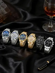 6pcs Steel Band Men's Quartz Watch with Zinc Alloy Case, Casual Round Dial, Business and Casual Analog Fashionable Wristwatch for All Seasons, No Gift Box Included