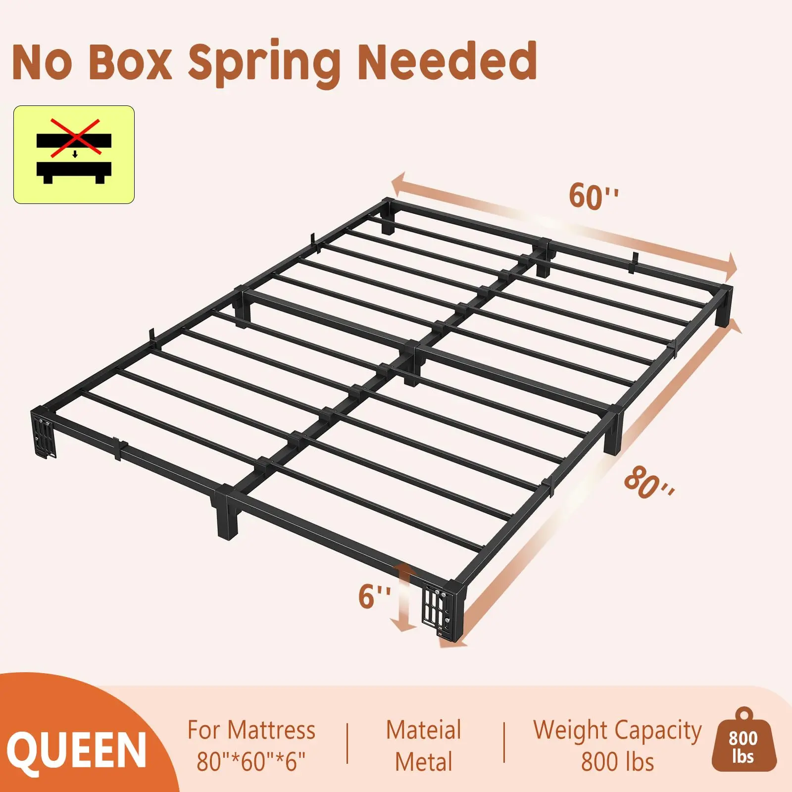 Queen Size Bed Frame - 6 in Heavy-Duty Metal Platform, Durable Iron Slat Support & Legs, No Box Spring or Screws Required, Supports Up to 800 LBS (for Indoor Furniture Bed Frames)