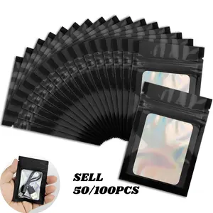 50/100PCS Black Mylar Holographic Resealable Bags, Clear Packaging Odor Proof, Moisture Resistant Plastic Foil Pouch for Food Storage, Holographic Bags, Lipgloss, Jewelry - 3x4.7 Inch, zipper lock