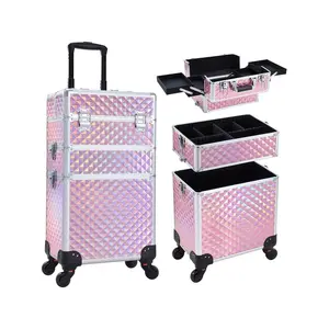 Rolling Makeup Train Case 3 In1 Cosmetic Trolley Organizer Travel Case Lockable Salon Barber Case Traveling Cart Trunk With Detachable Removable Wheels For Makeup Artist Trave Nail