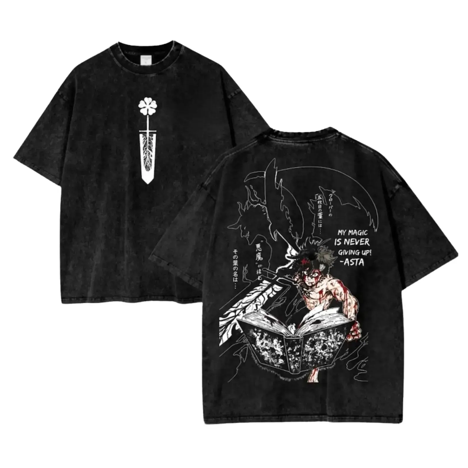 Men's Black Clover Asta Devil Form Vintage Washed Graphic Tee - Heavyweight Cotton, Oversized, Short-Sleeve, Round Neck, Seamless Classic Apparel - Premium Print Manga Fan Unisex Gift