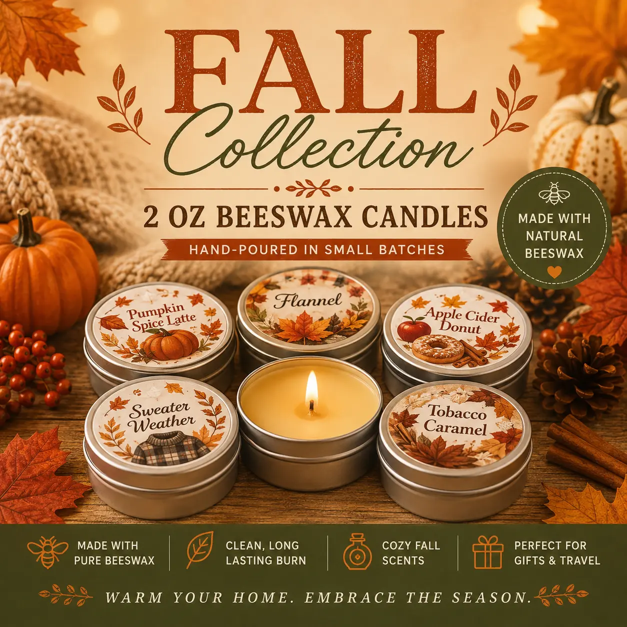 2 oz Hand-Poured Beeswax Candles - Fall Festive Collection Home Decor, Cozy Fragrance Gifts for Home Supplies, 2Oz
