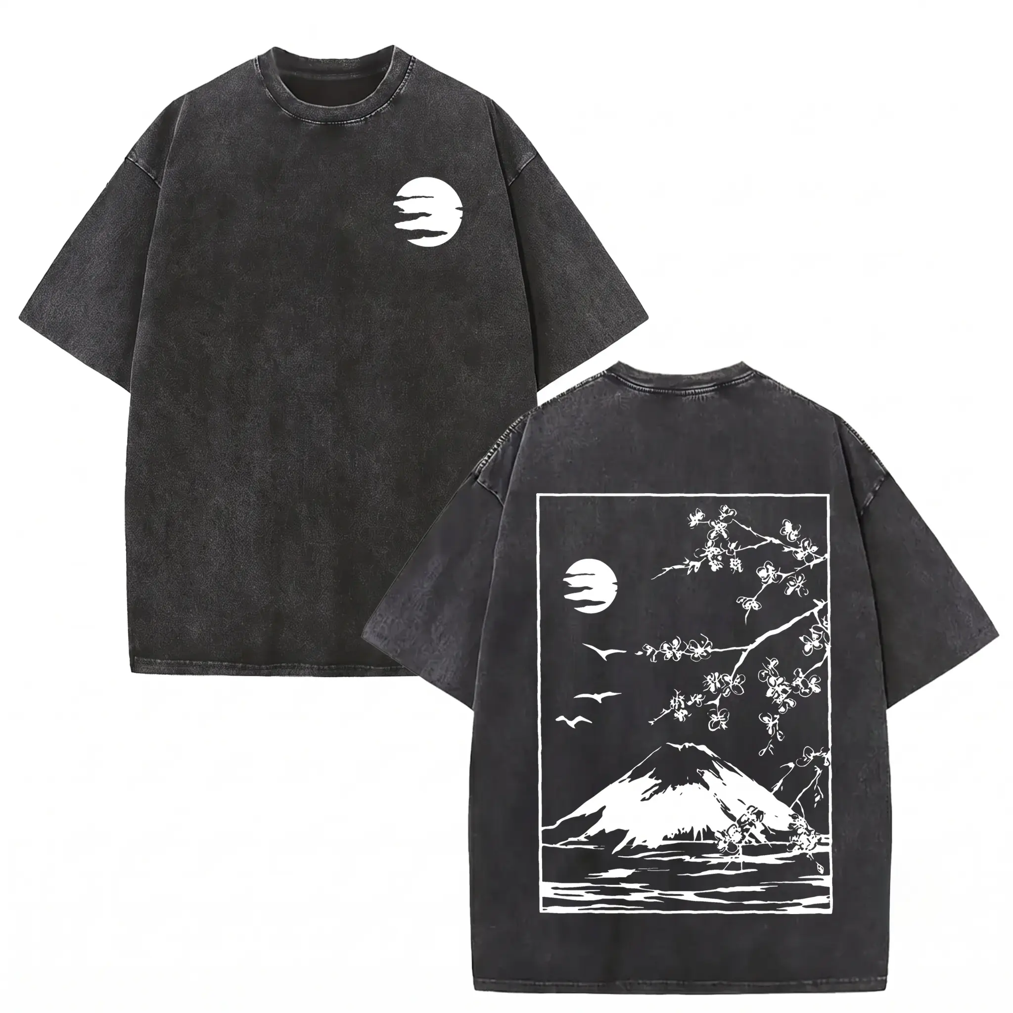 Japanese Mount Fuji Cherry Blossom Graphic Tee Oversized Streetwear Washed Cotton T-Shirt Retro Y2K Aesthetic Trendy Casual Top OOTD 100% Premium Cotton Heavyweight Unisex Summer Apparel Men Women TikTok Fashion Daily Style Essentials