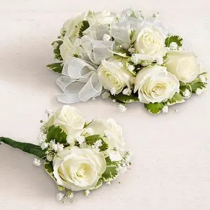 White Spray Rose Corsage And Boutonniere