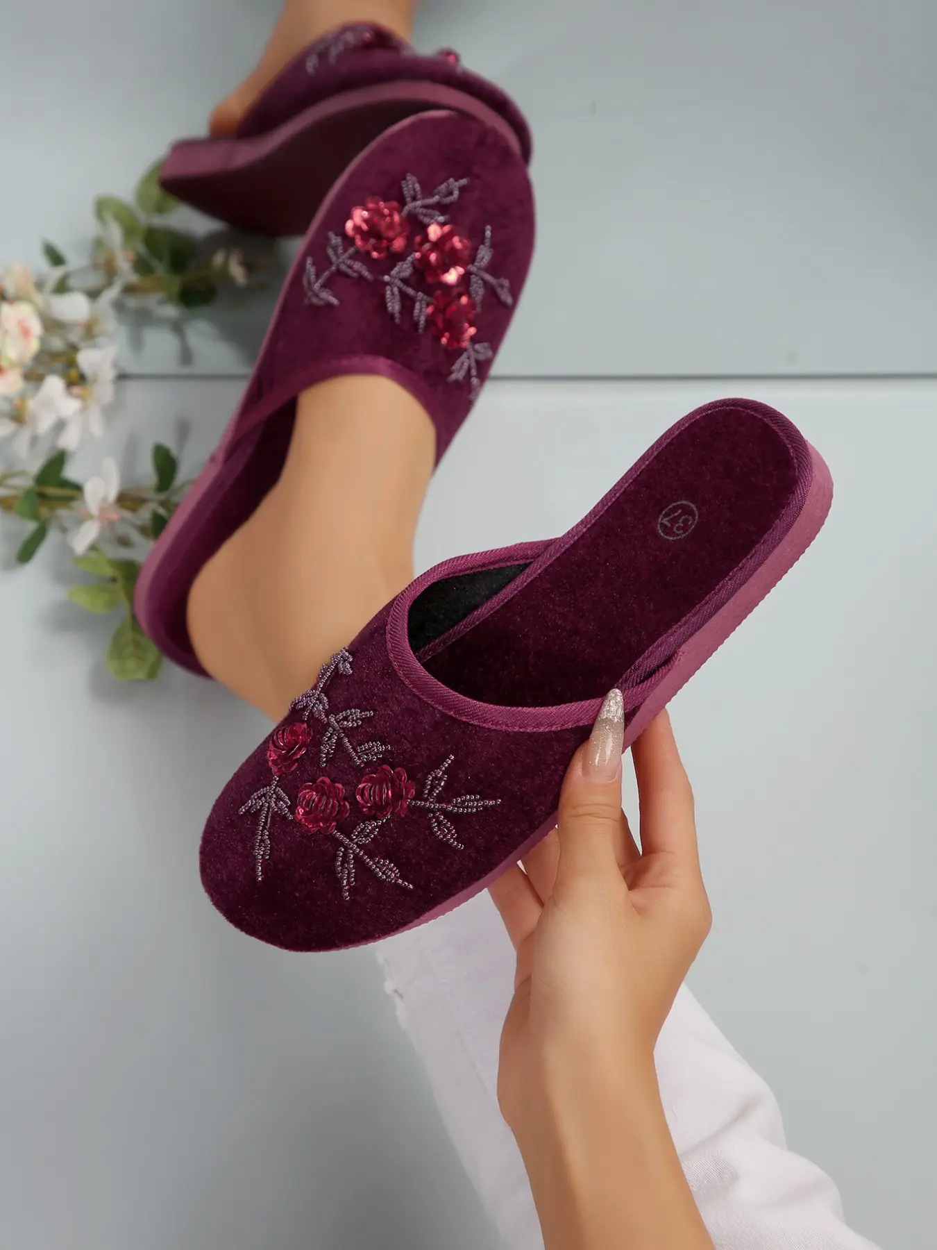 Women's Vintage Round Toe Flat Shoes, Handmade Beaded Flower Slippers, Half Slipper Mules, Slip On Mules, Lightweight Comfortable, Sizes 36-41, Wine, Silver Color