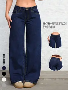 Women's Solid Color Denim Jeans Deep Blue Washed Mid-Waist Straight Leg Pocket Pants, Casual Fashion Daily Wear & Gift Idea