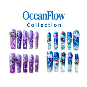 Zen Cave Ocean Flow Collection | Jelly Water Press-On Nails | Handmade 3D Seashell & Starfish Nail Art | Glossy, Reusable