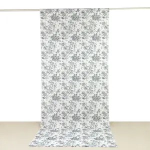 French Toile Backdrop Curtain – 5ft x 12ft Polyester Drape Panel, Black Floral, Rod Pocket Design