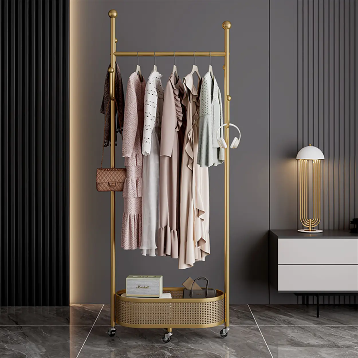 Multifunctional coat rack with storage basket 360° movable rotation｜Bedroom and living room storage artifact｜Hanging clothes/hats/bags/scarves｜Space-s