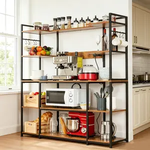 Rustic Brown 4-Tier Kitchen Bakers Rack, Microwave Storage Shelf with Power Outlet and 6 S Hooks, Freestanding Coffee Bar Table for Kitchen Organization