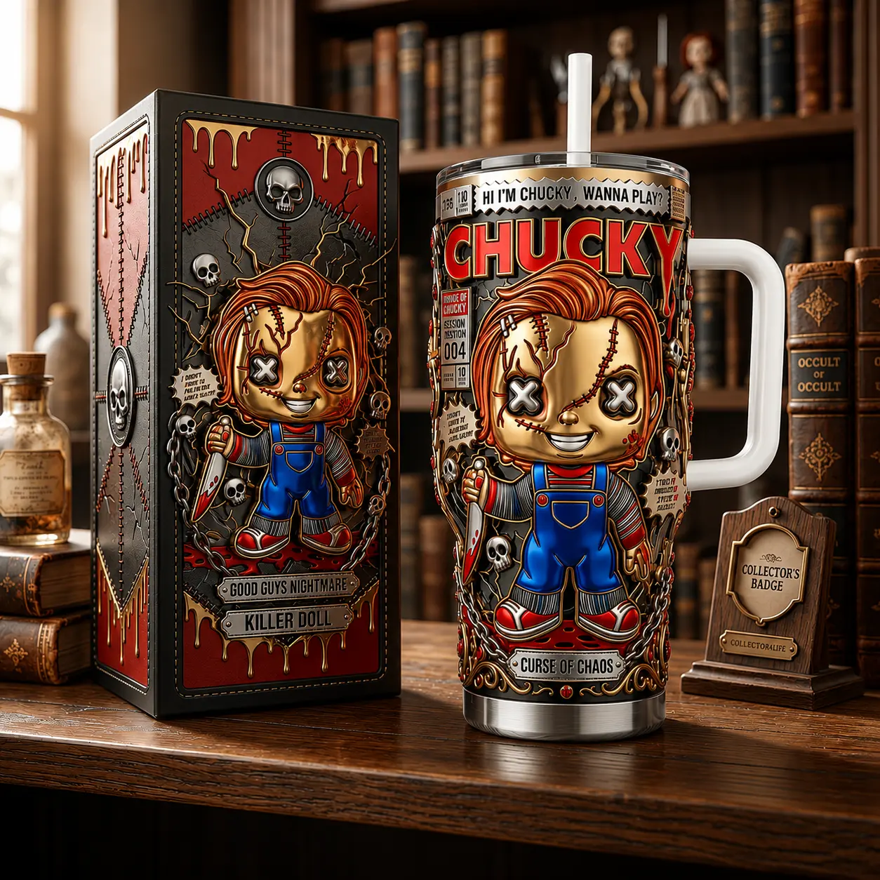 Chucky Curse of Chucky Tumbler With Handle And Straw, 40oz Insulated Travel Cup with Handle and Straw, Halloween Gift, Stainless Steel Coffee Cup for Men and Women