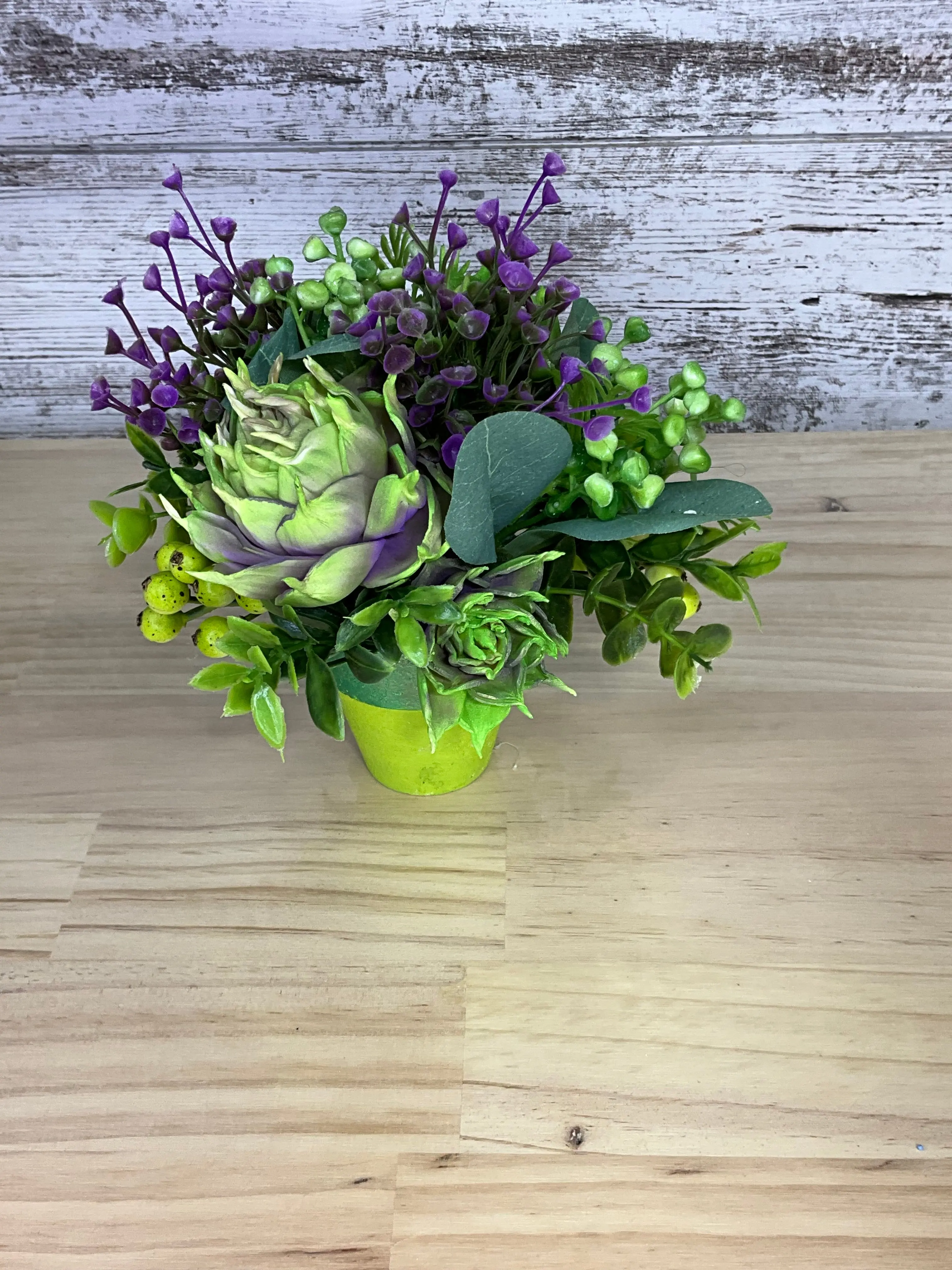 Handmade Craft Mini Sola Wood Lime Pot Bouquet, Colorful Mix Chartreuse & Purple Decor with Eucalyptus & Berries, Decorative Desk Decor Home Gift Idea for Interior Styling
