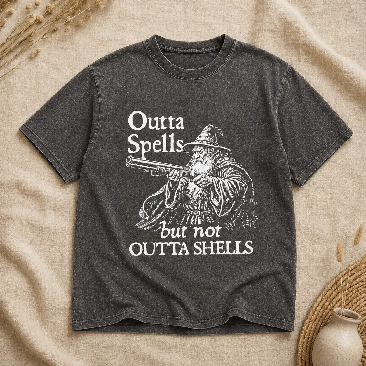 Outta Spells But Not Outta Shells Shirt, Funny Wizard Graphic Tee, Fantasy Humor T-Shirt, Magic Lover Gift
