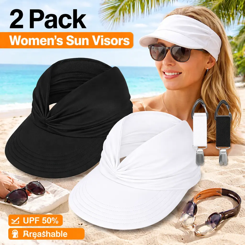 2 Pack Wide Brim Visor Hats for Women – Lightweight & Packable, Ponytail Hole, Quick Dry Sun Hat for Beach, Golf, Travel – Casual Summer Cap