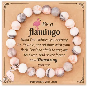 Flamingo Bracelet for Women - Natural Stone 8mm Beads with Elastic Cord 7 Inch - Meaningful Gift for Friends Daughter Niece Granddaughter - Handcrafted with Love in Velvet Pouch