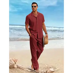 Men's 2-Piece Linen Outfit, Casual Button Down Short Sleeve Shirt and Long Pants Set, Summer Beach Vacation Hawaiian Suit, Lightweight Breathable Linen Blend, for Holiday, Party, Daily Wear